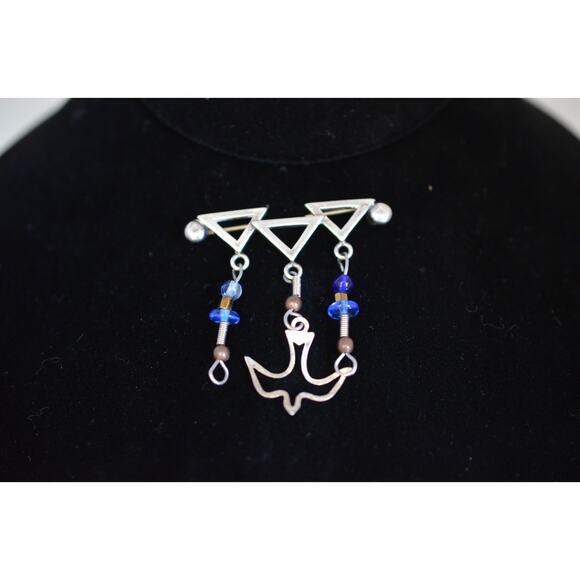 Vintage 925 Sterling Blue Glass Dove Dangle Brooch - Picture 2 of 3